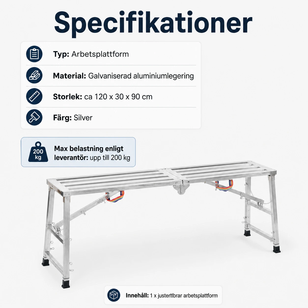 Justerbar arbetsplattform i aluminium, hopfällbar
