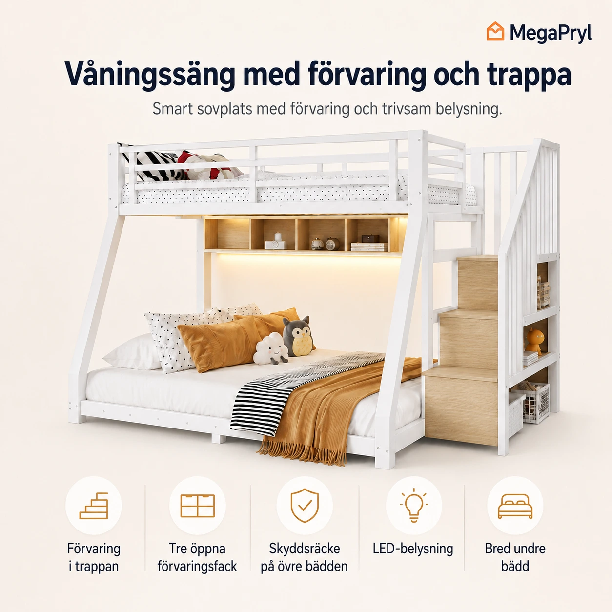 Våningssäng med förvaring och trappa