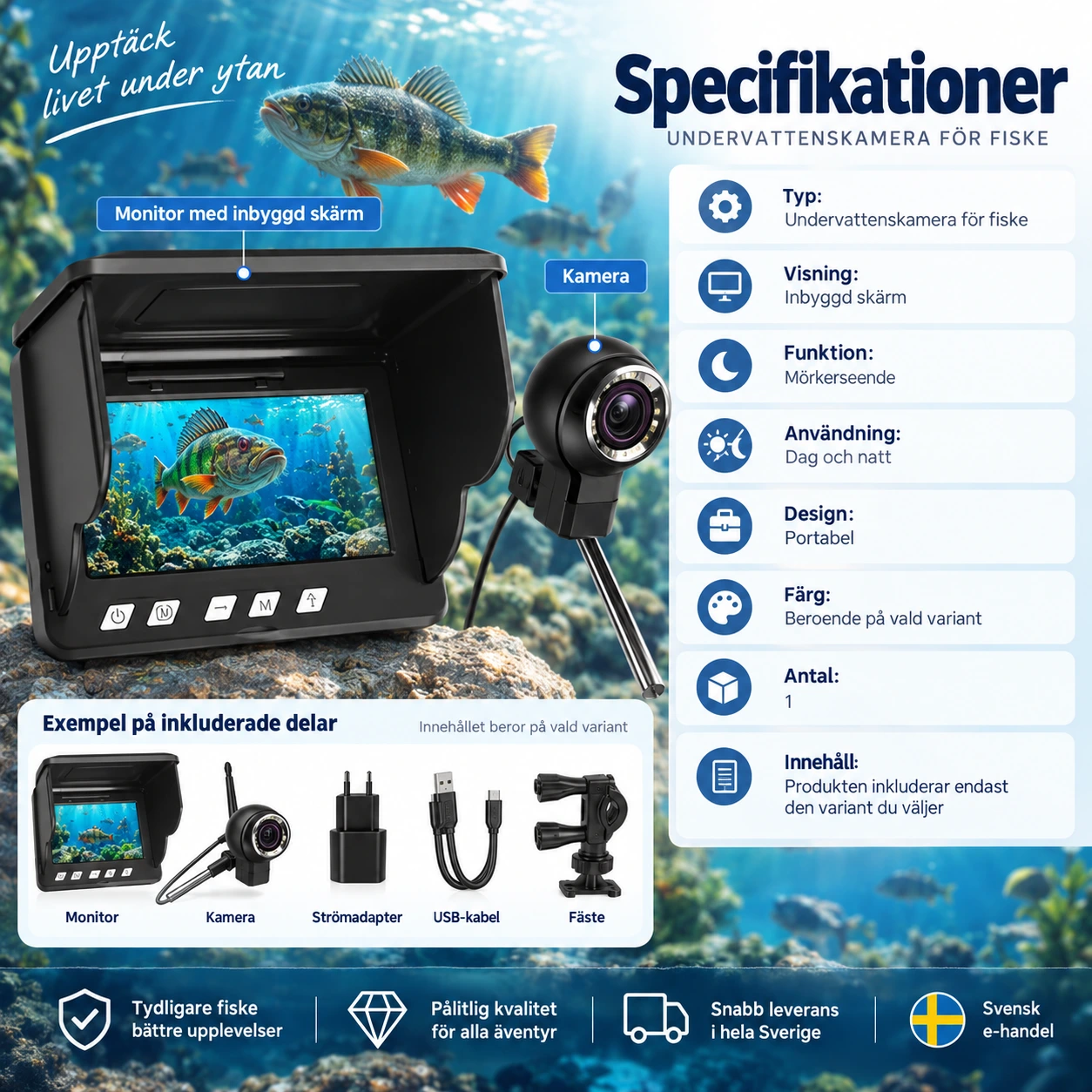 Fiskekamera med skärm för undervattensfiske och mörkerseende