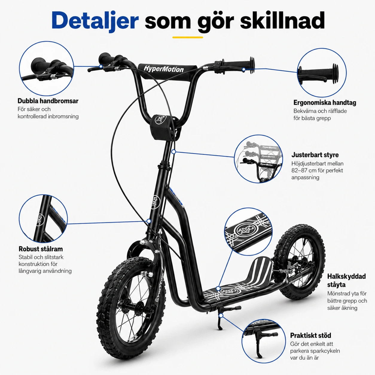 Sparkcykel för barn 12 tum med handbromsar och justerbart styre svart