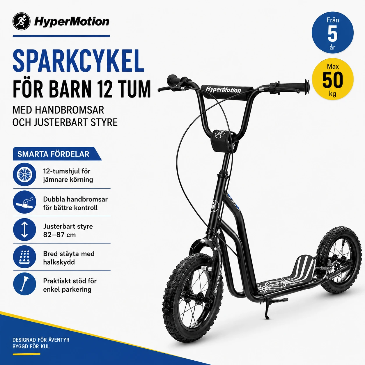 Sparkcykel för barn 12 tum med handbromsar och justerbart styre svart