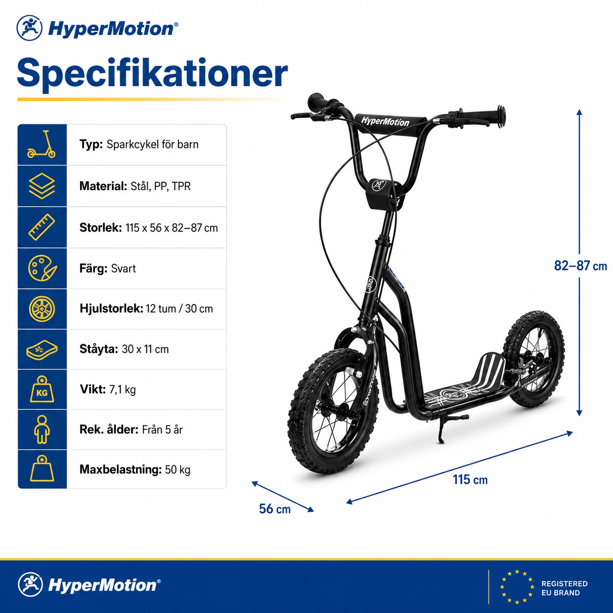 Sparkcykel för barn 12 tum med handbromsar och justerbart styre svart