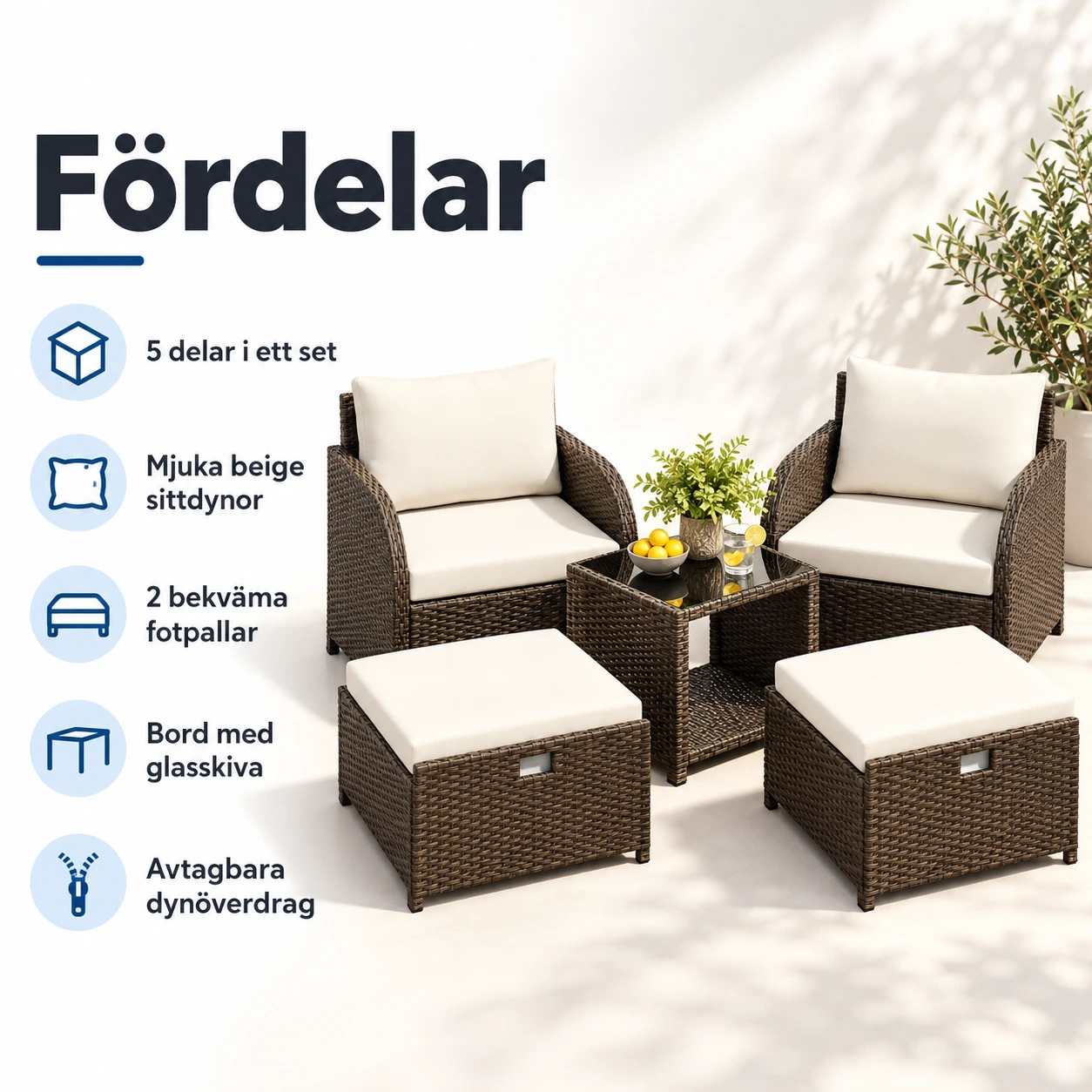 Loungegrupp i konstrotting för uteplats, 5 delar