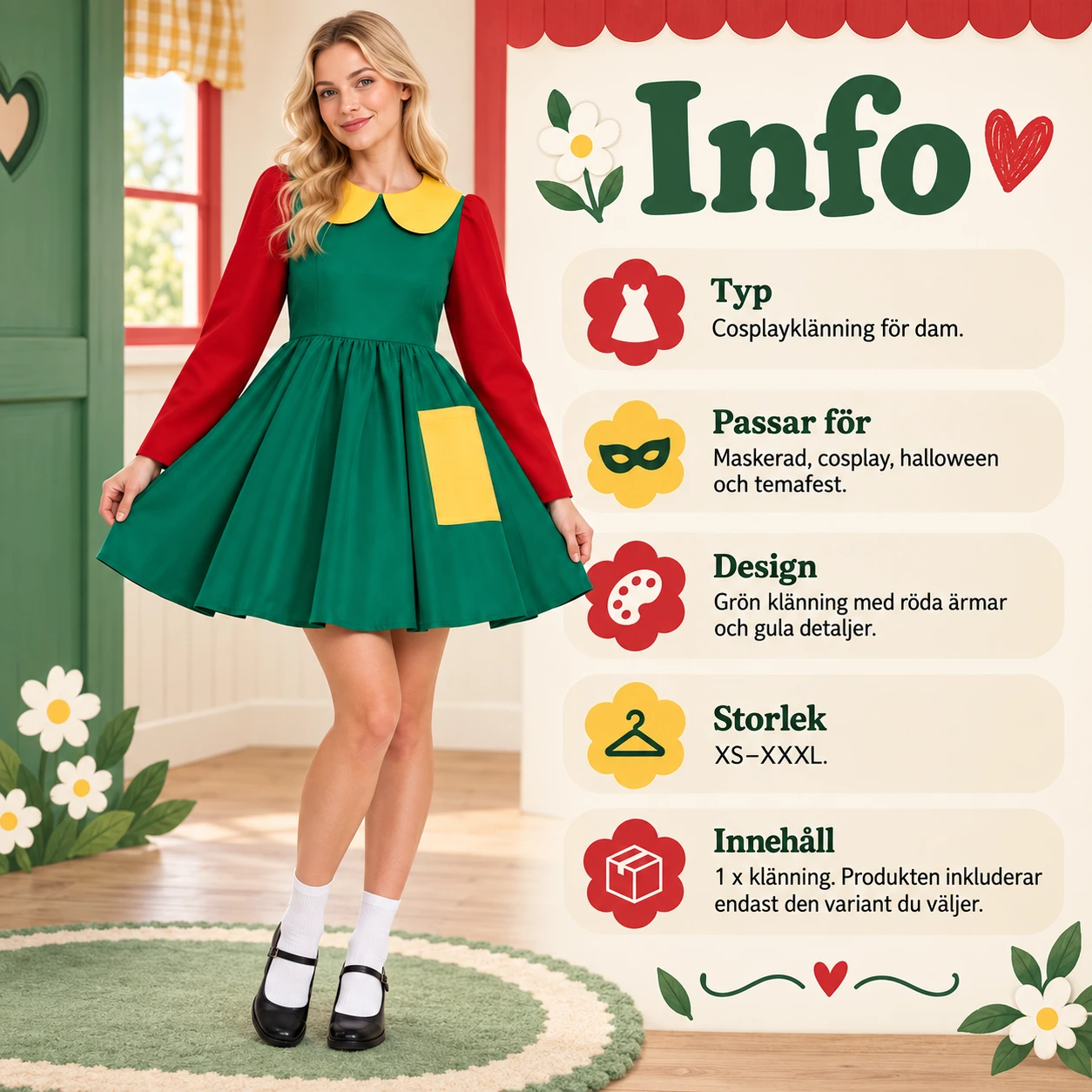 Grön, Röd och Gul Klänning för Cosplay och Maskerad