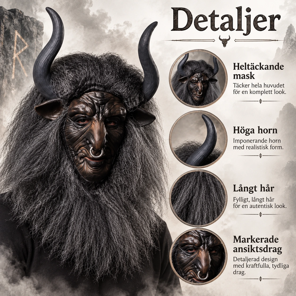 Okse-demonmaske i lateks med horn og langt hår