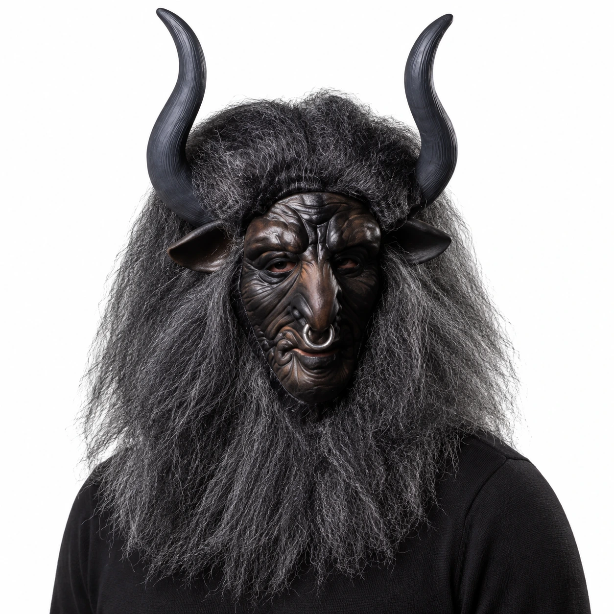 Okse-demonmaske i lateks med horn og langt hår