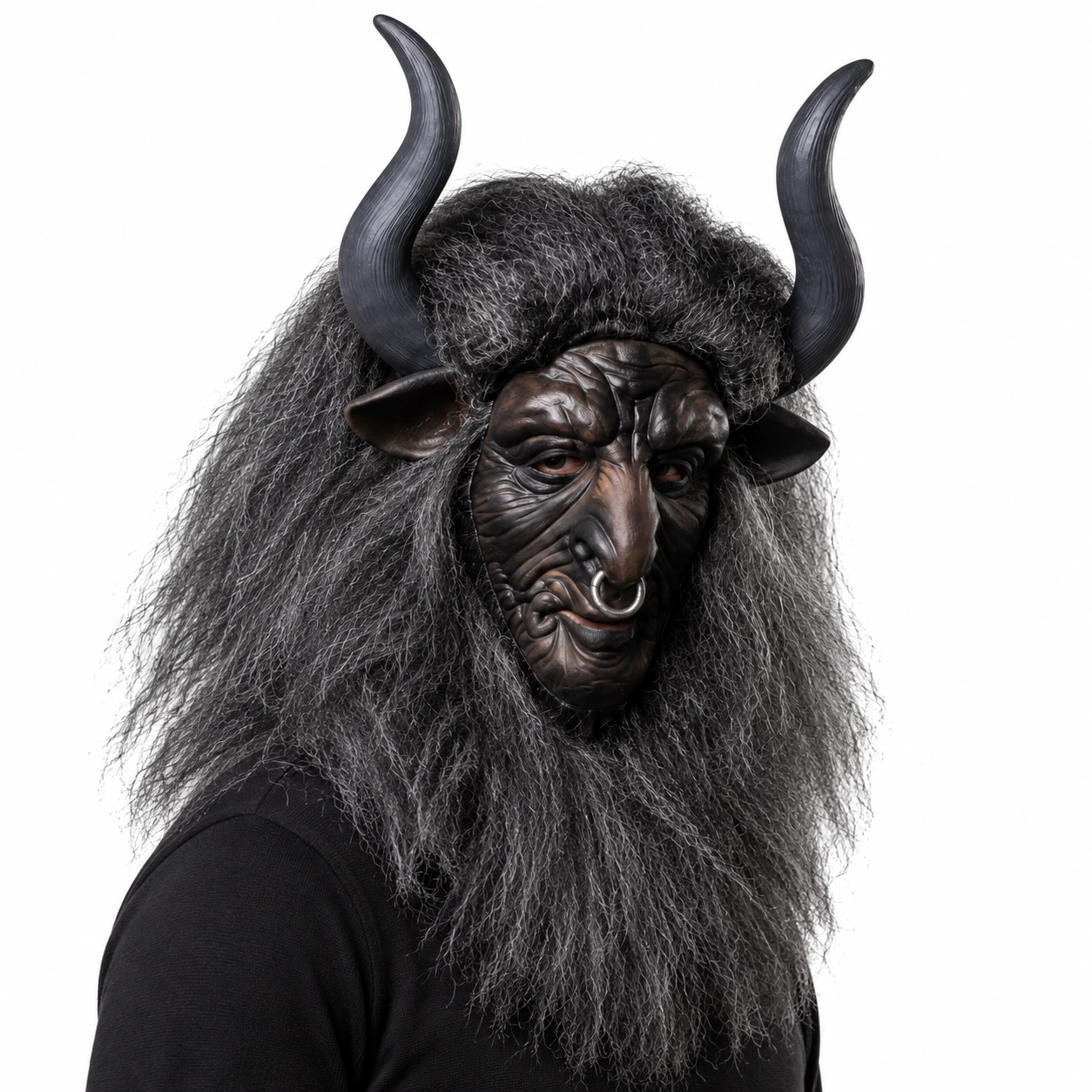 Okse-demonmaske i lateks med horn og langt hår