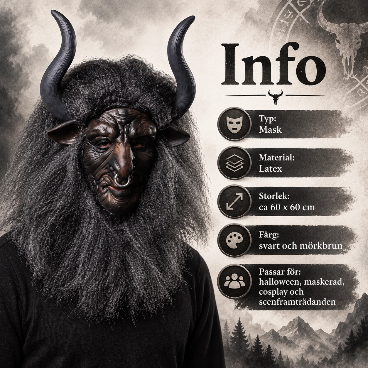 Okse-demonmaske i lateks med horn og langt hår