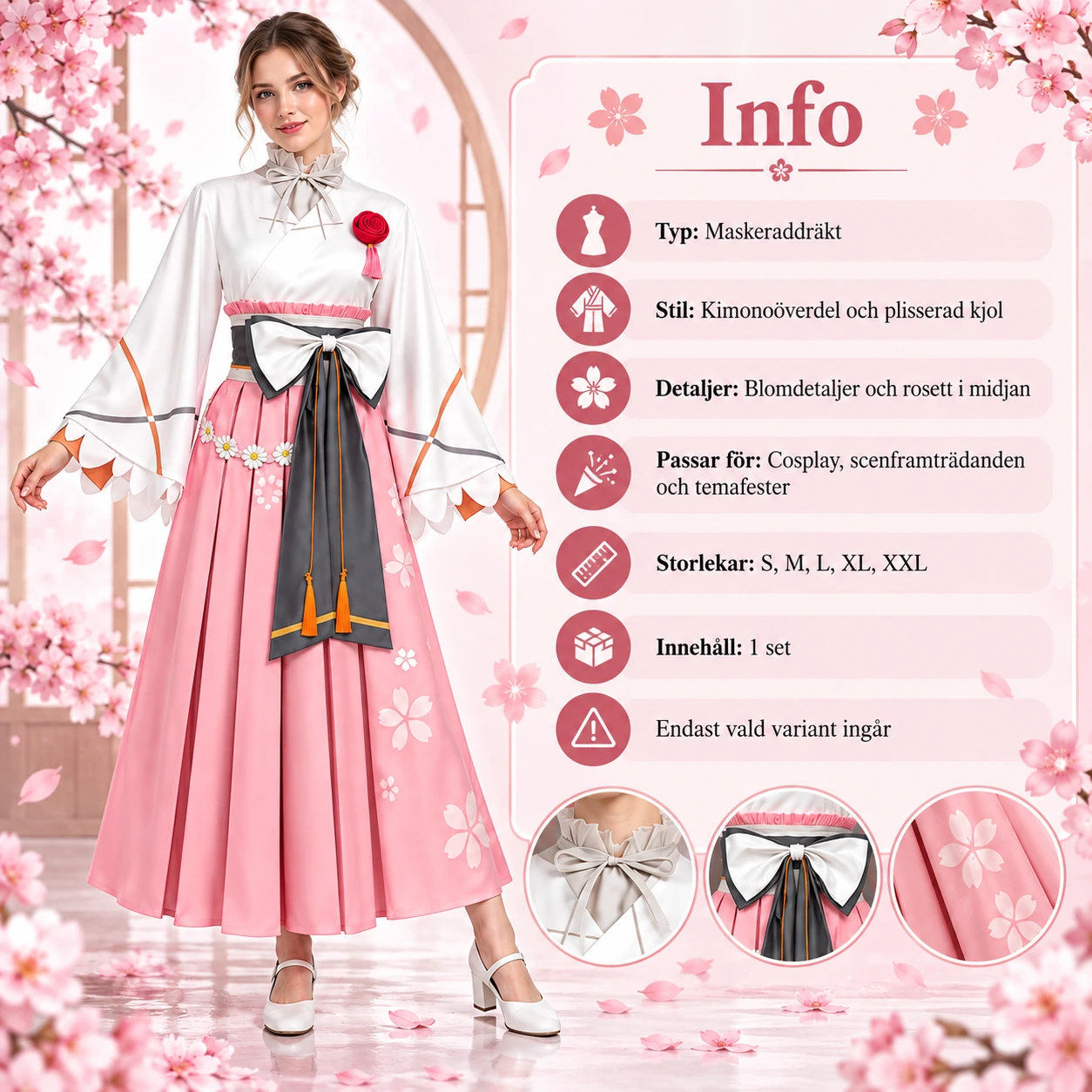 Rosa och Vit Körsbärsblom-Kimonodräkt med Slöjdslinga