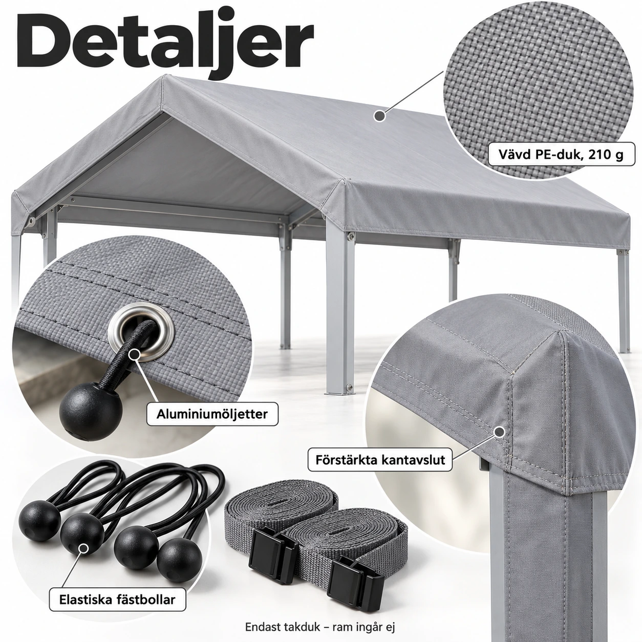Ersättningstak för carport 3 x 6 m i grå PE-duk