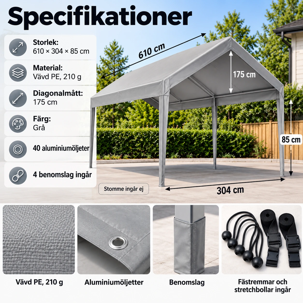 Ersättningstak för carport 3 x 6 m i grå PE-duk