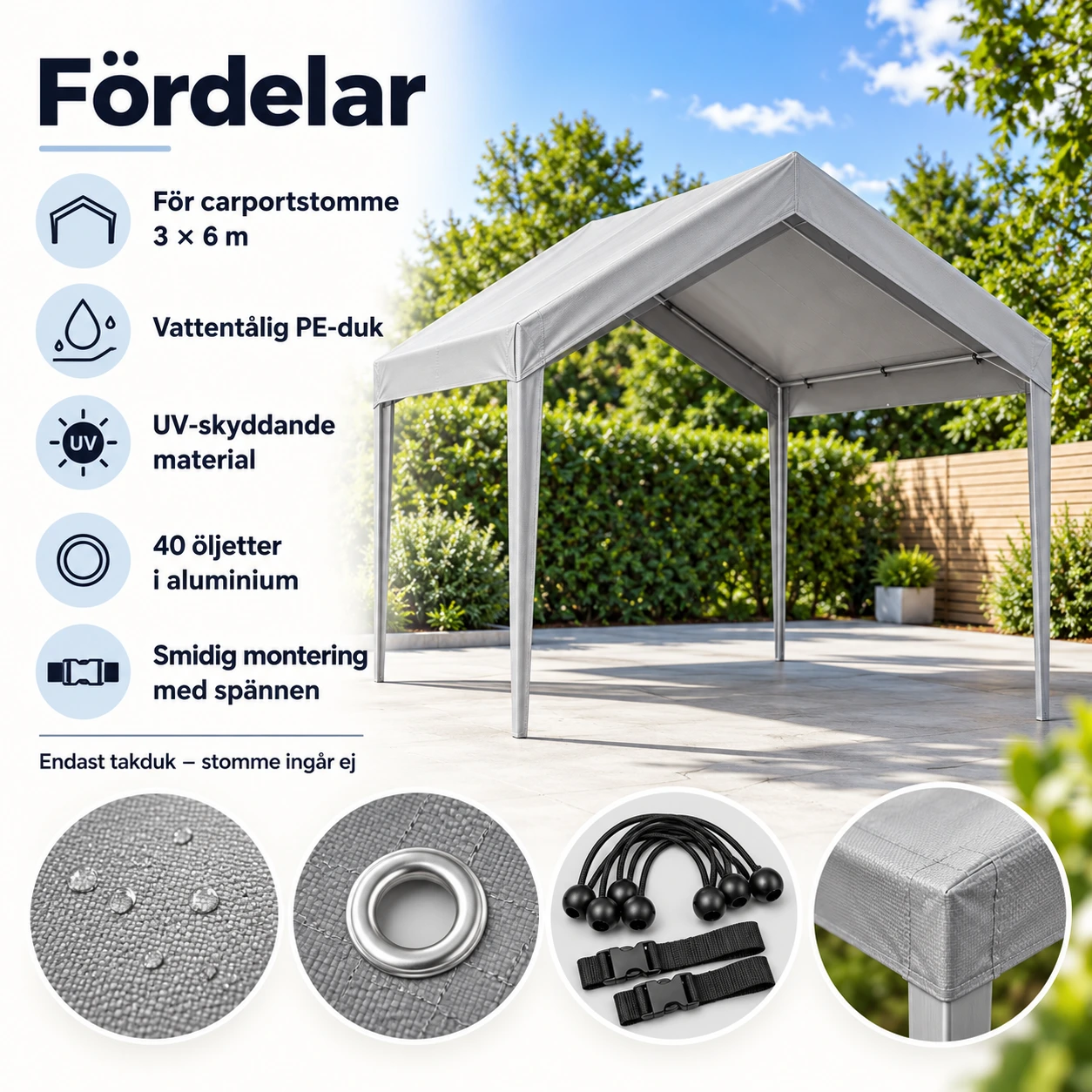 Ersättningstak för carport 3 x 6 m i grå PE-duk