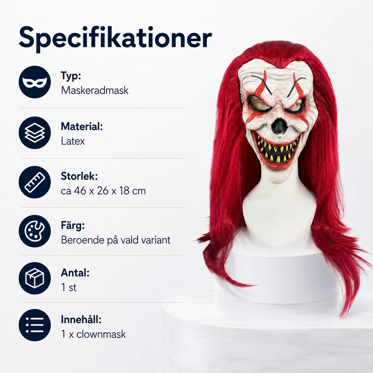 Clownmask för halloween och maskerad med rött hår