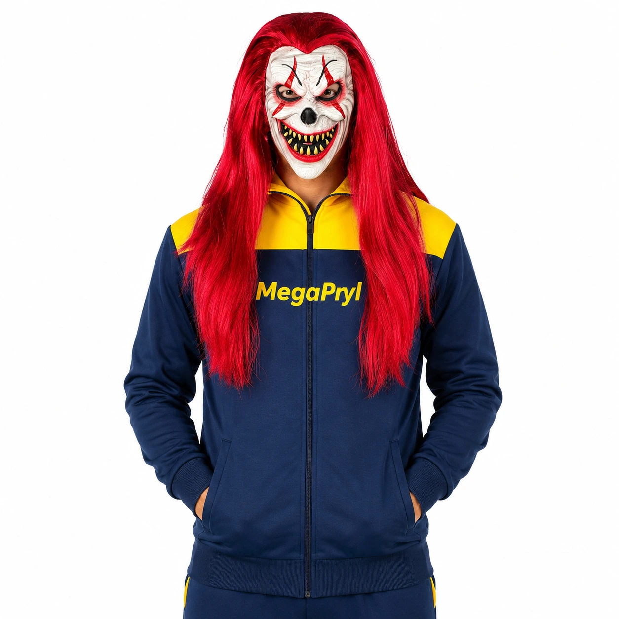 Clownmask för halloween och maskerad med rött hår