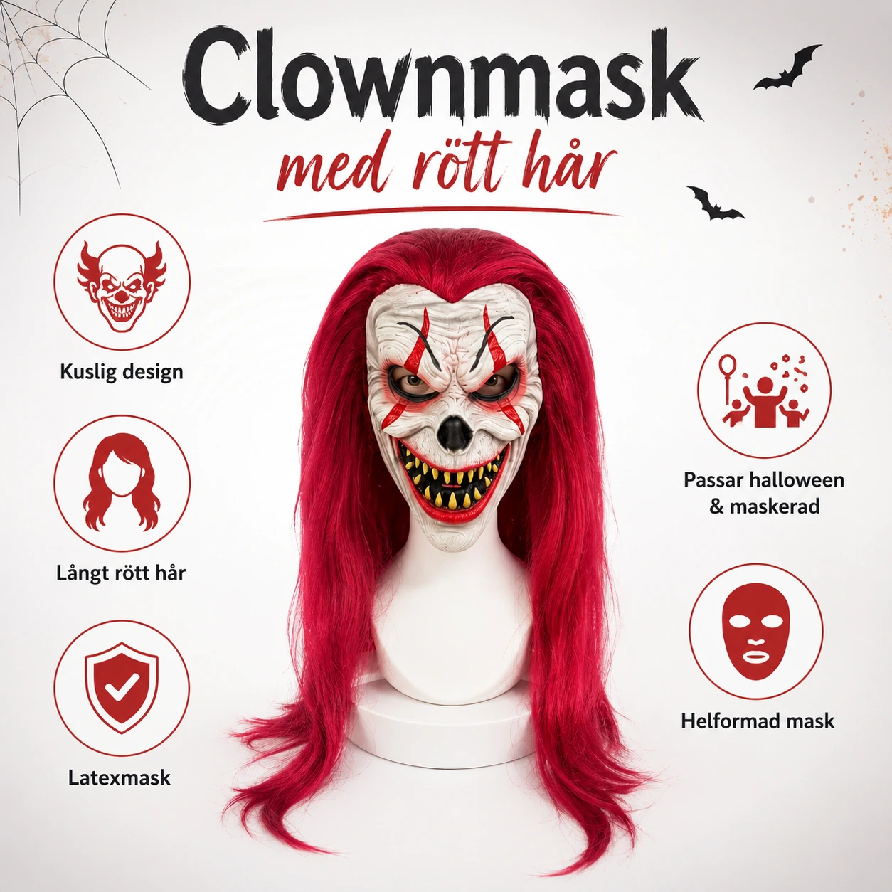 Clownmask för halloween och maskerad med rött hår