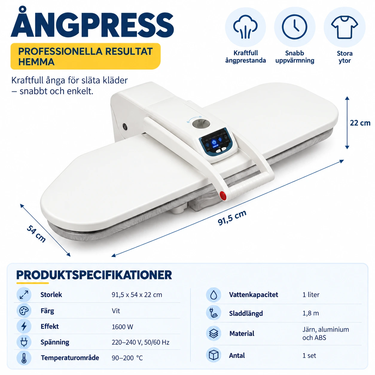 Ångpress för kläder med LCD-display och 5 tyglägen