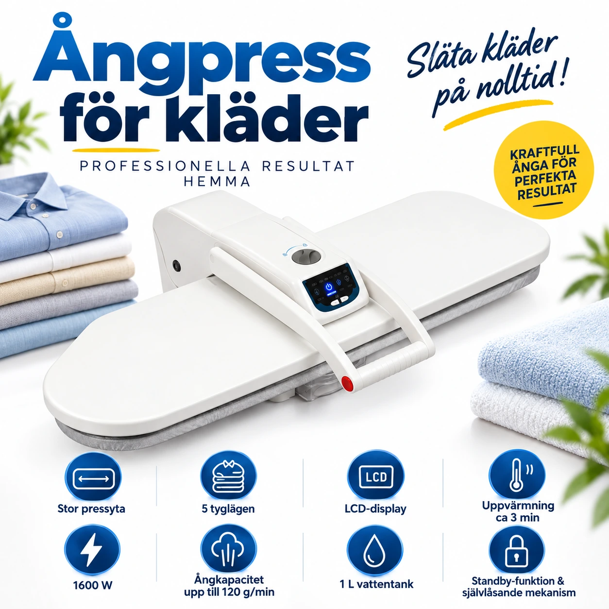 Ångpress för kläder med LCD-display och 5 tyglägen