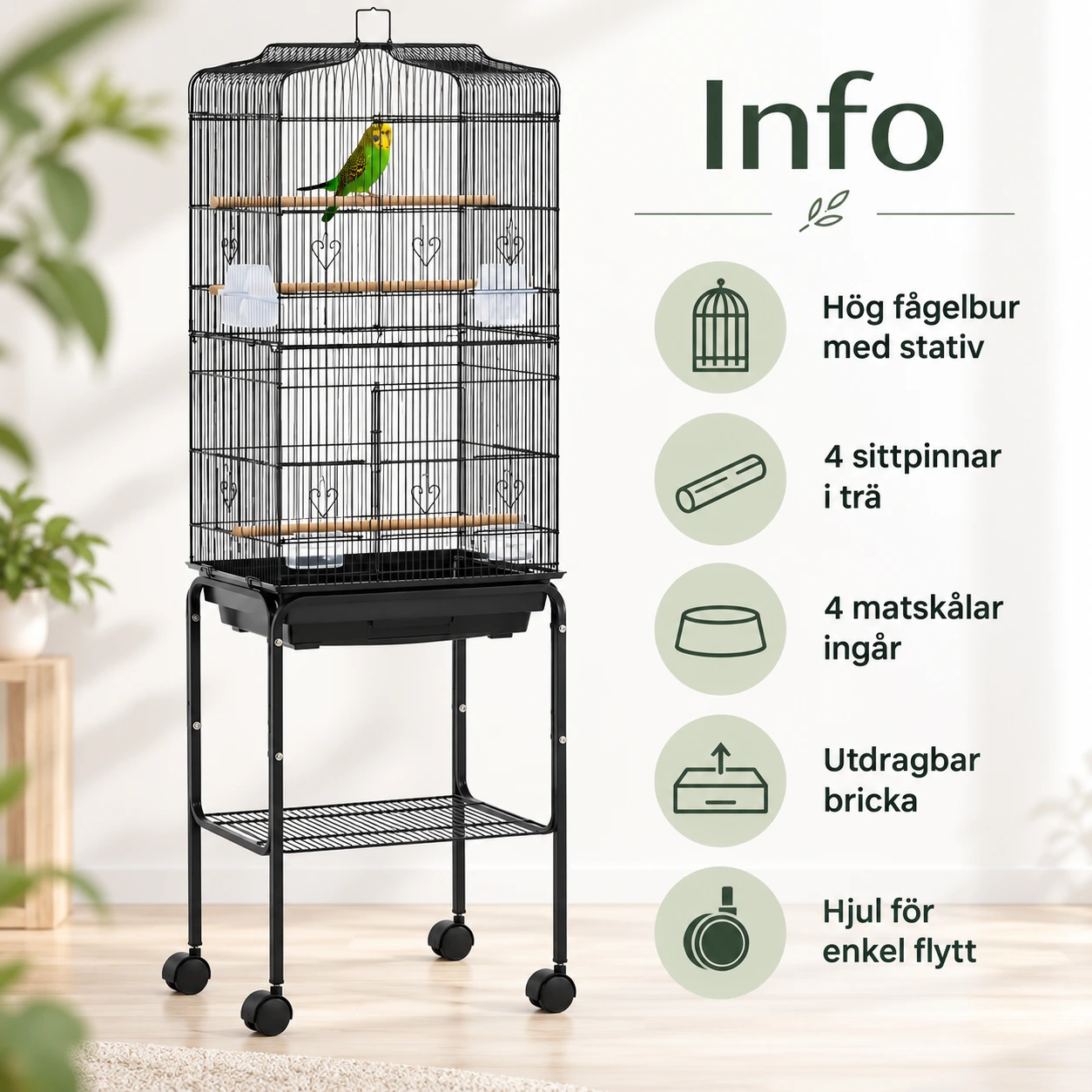 Fågelbur med stativ och hjul