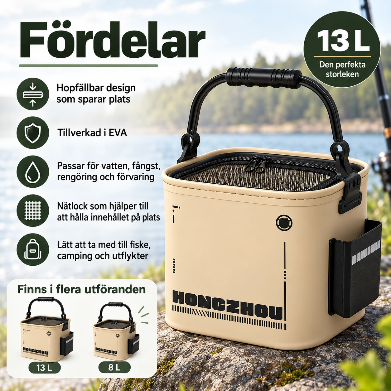 Hopfällbar fiskhink i EVA med nätlock