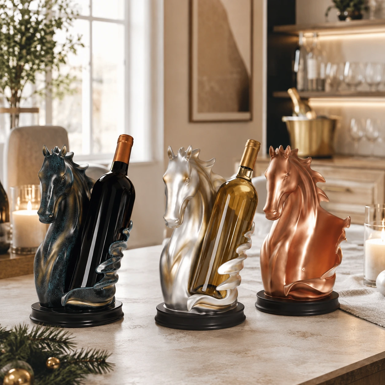 Vinställ i hästdesign för vinflaska i resin
