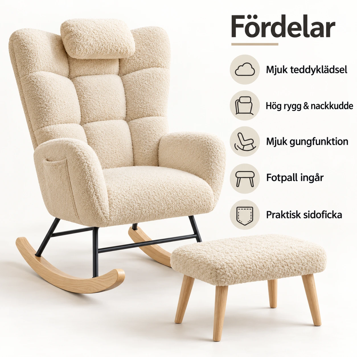 Gungstol med fotpall och hög rygg