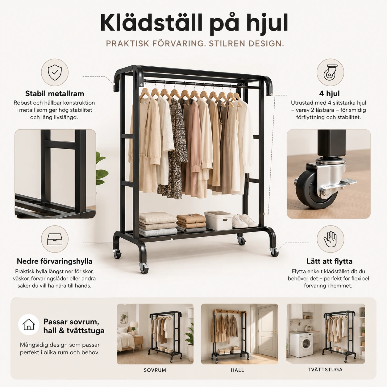 Klädställning med Hjul och Förvaringshylla – Svart