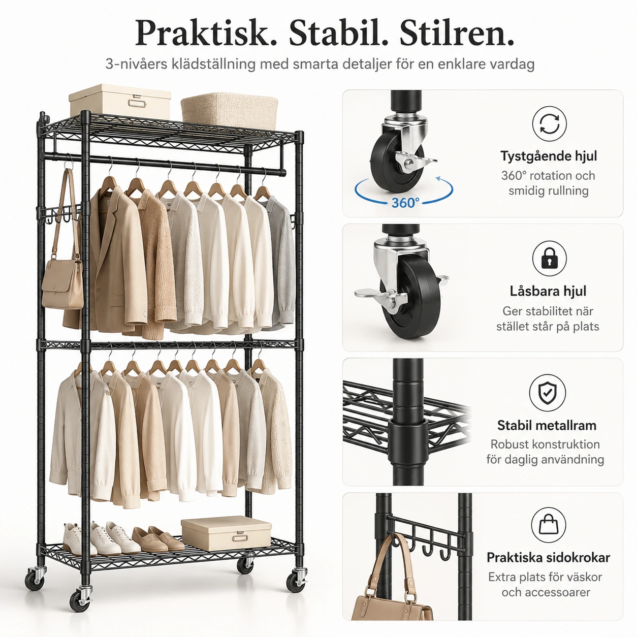 3-Nivå Klädställning med Hjul och Justerbar Höjd – Svart