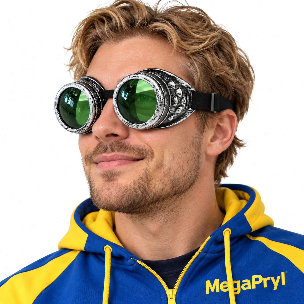 Silver Steampunk Skyddsglasögon med Gröna Linser