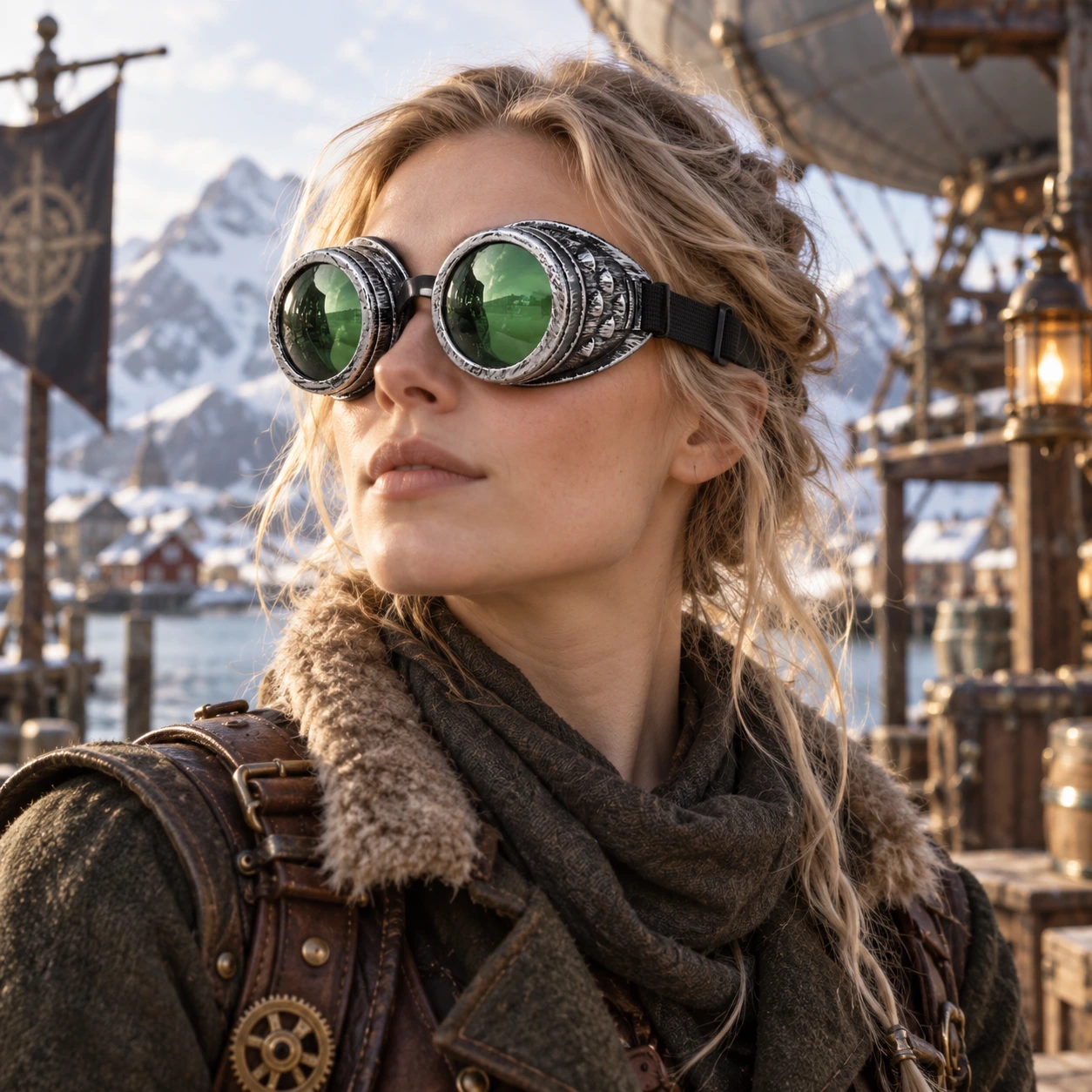 Silver Steampunk Skyddsglasögon med Gröna Linser
