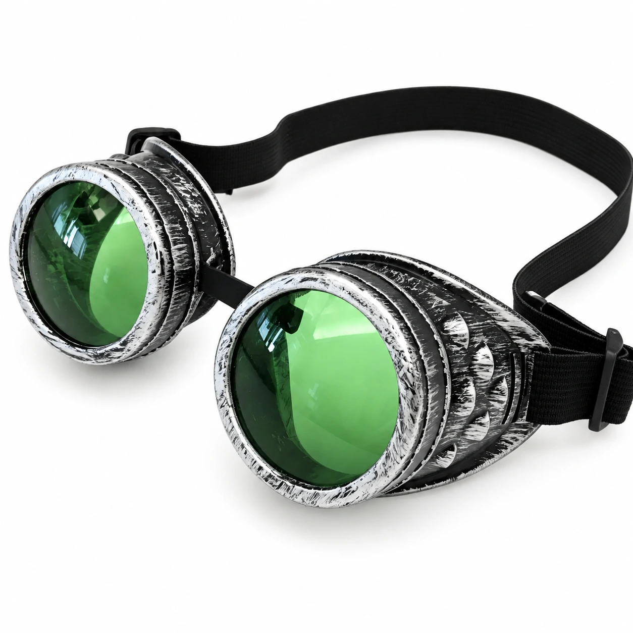 Silver Steampunk Skyddsglasögon med Gröna Linser