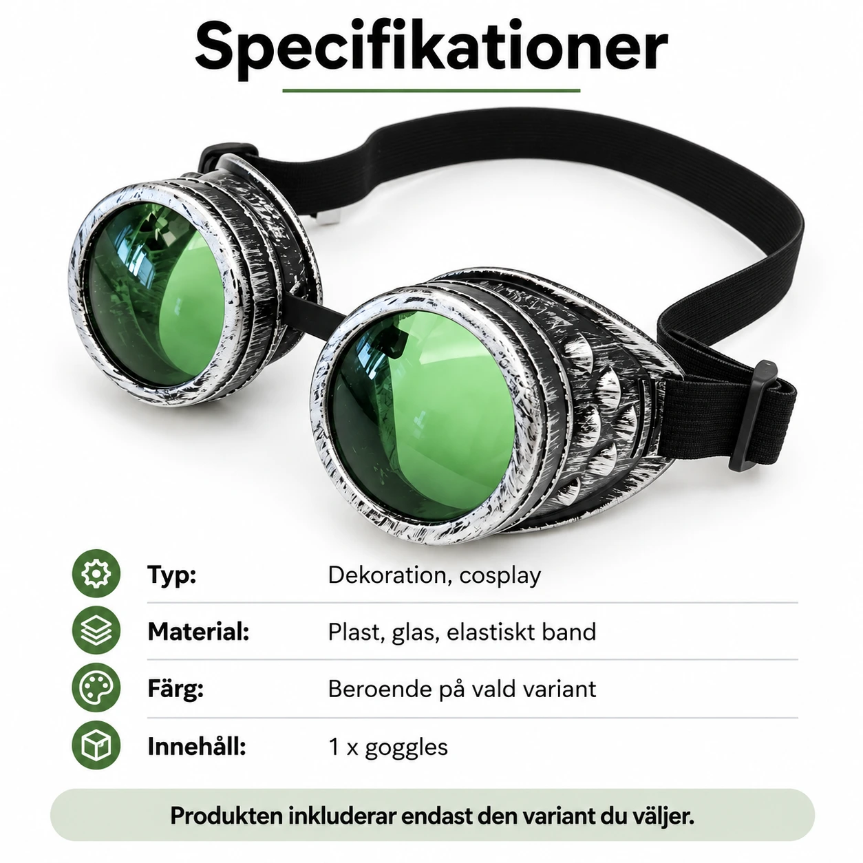 Silver Steampunk Skyddsglasögon med Gröna Linser
