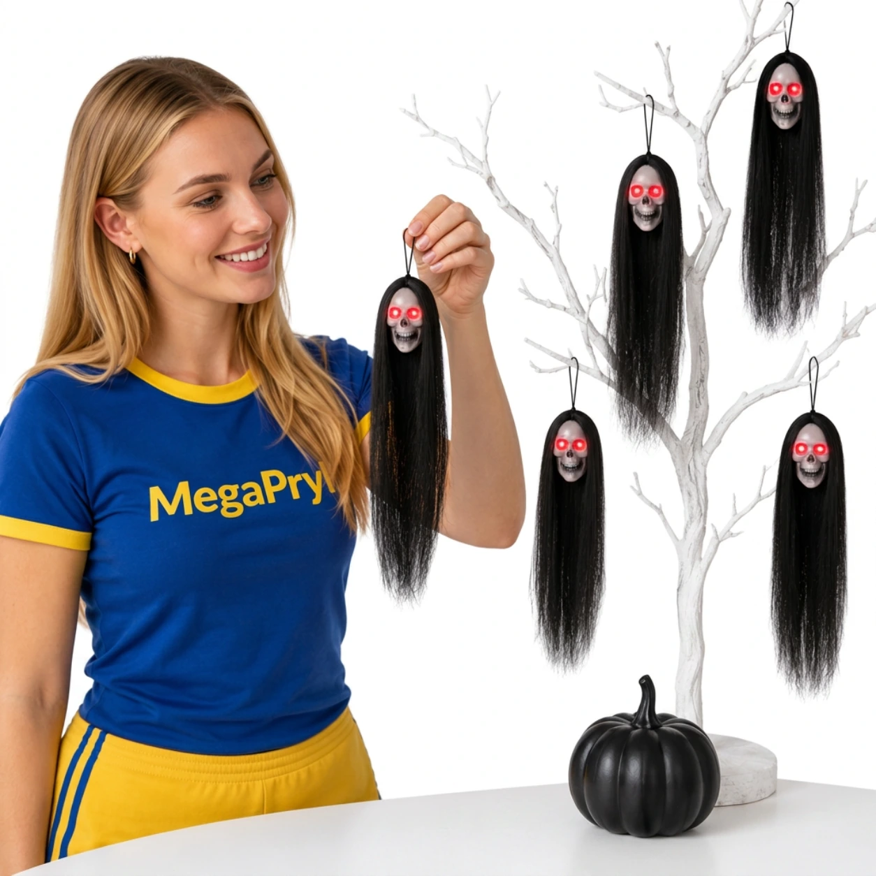 Hängande dödskallar för Halloween med lysande ögon, 6-pack