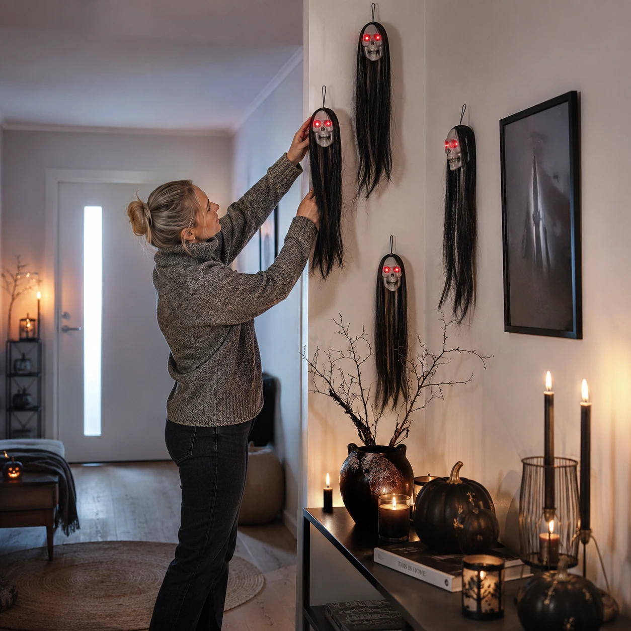 Hängande dödskallar för Halloween med lysande ögon, 6-pack