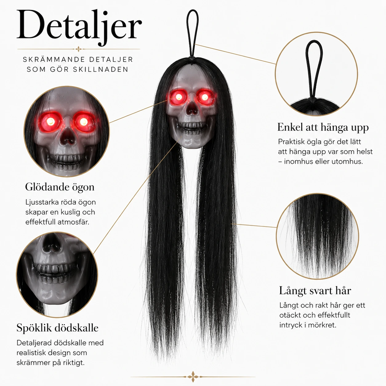 Hängande dödskallar för Halloween med lysande ögon, 6-pack