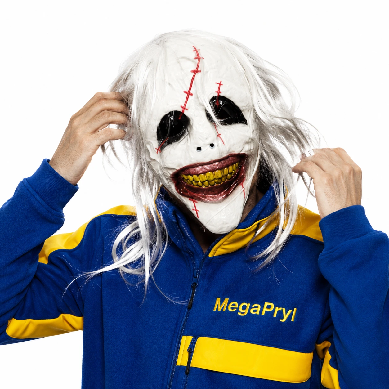 Skräckmask för halloween och cosplay med vit peruk