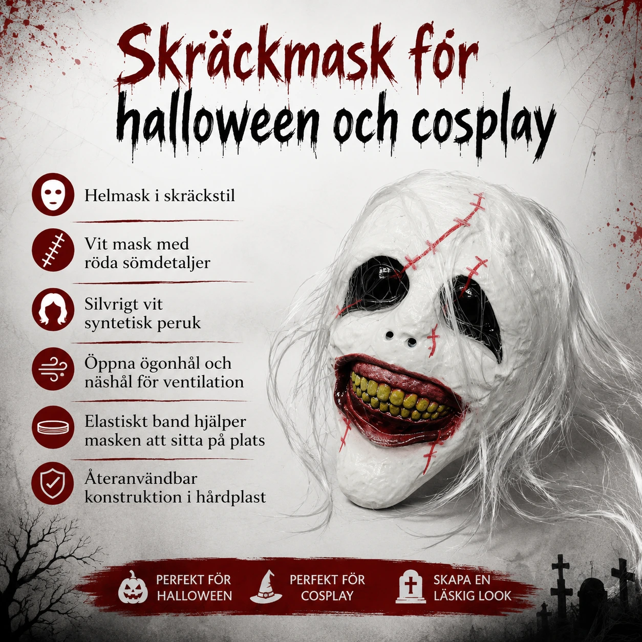 Skräckmask för halloween och cosplay med vit peruk
