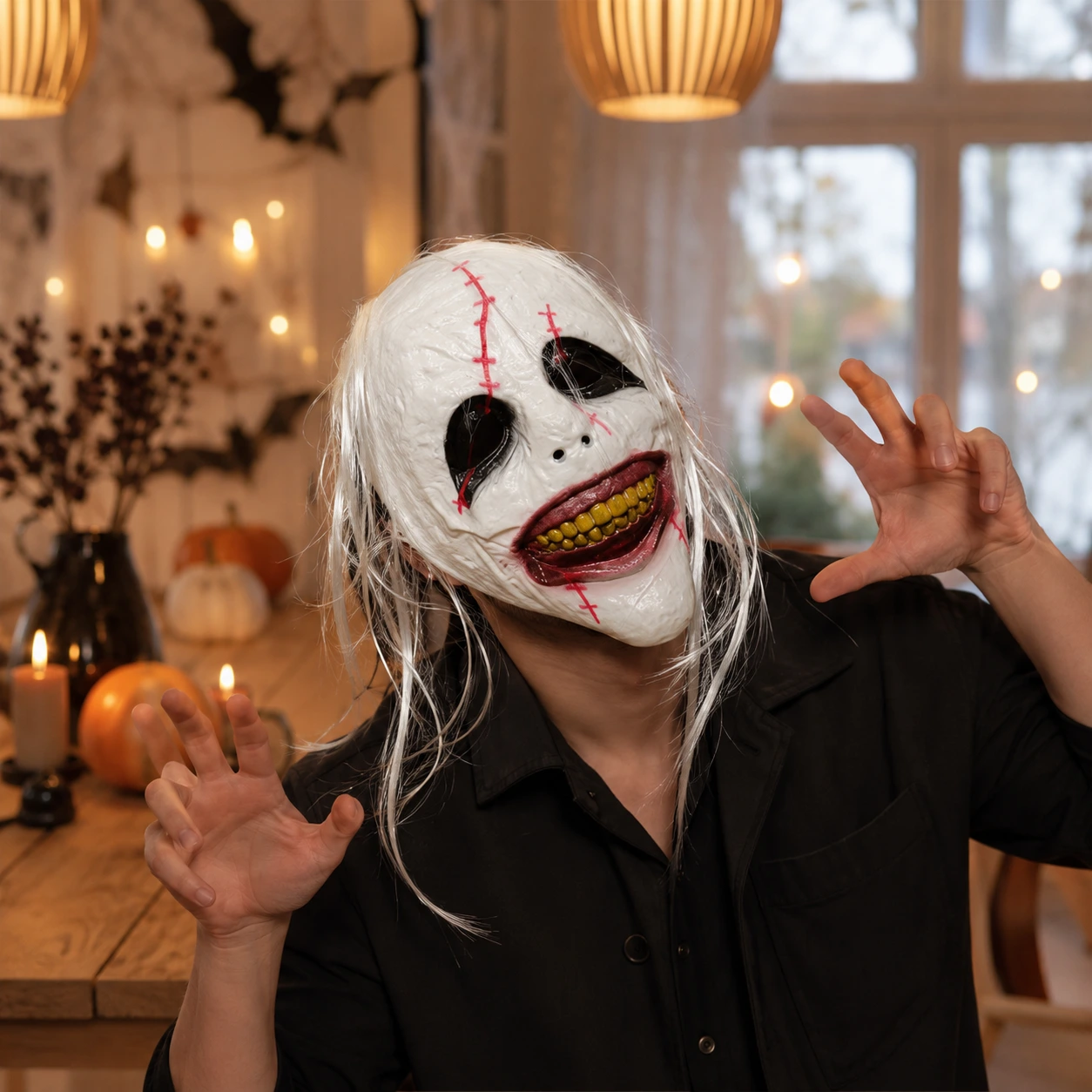 Skräckmask för halloween och cosplay med vit peruk