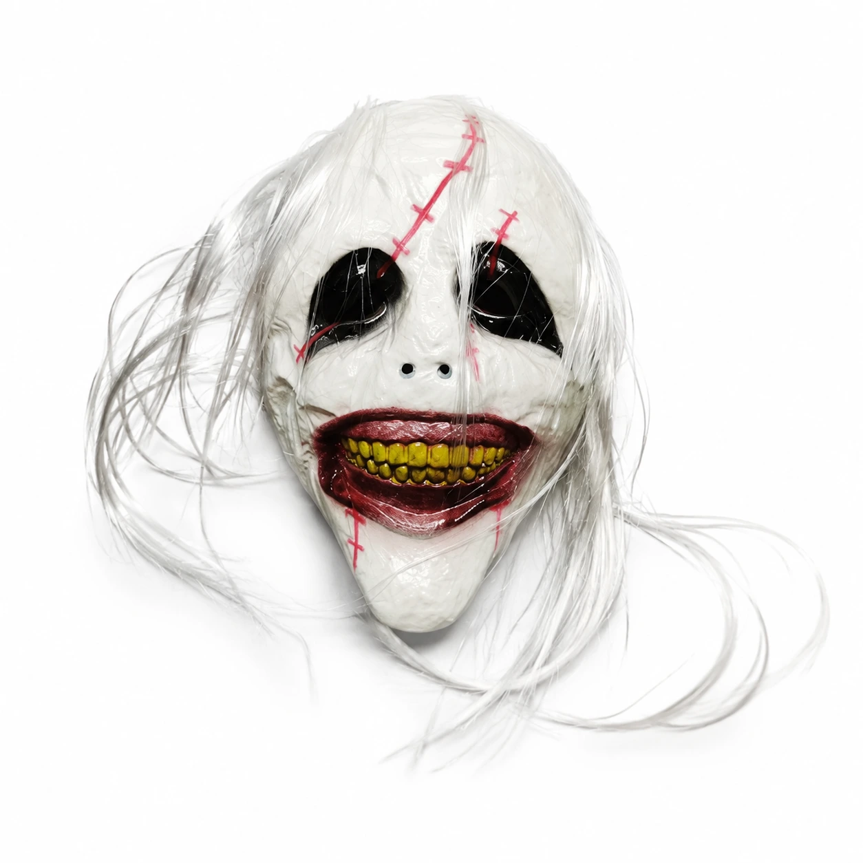 Skräckmask för halloween och cosplay med vit peruk