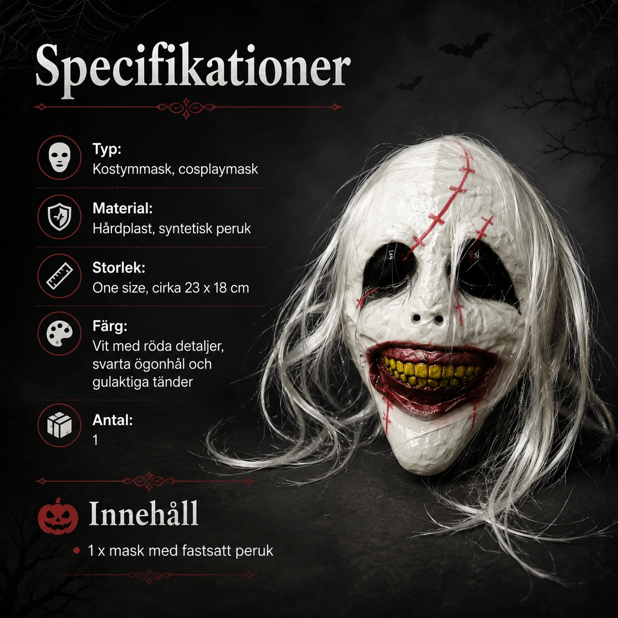 Skräckmask för halloween och cosplay med vit peruk