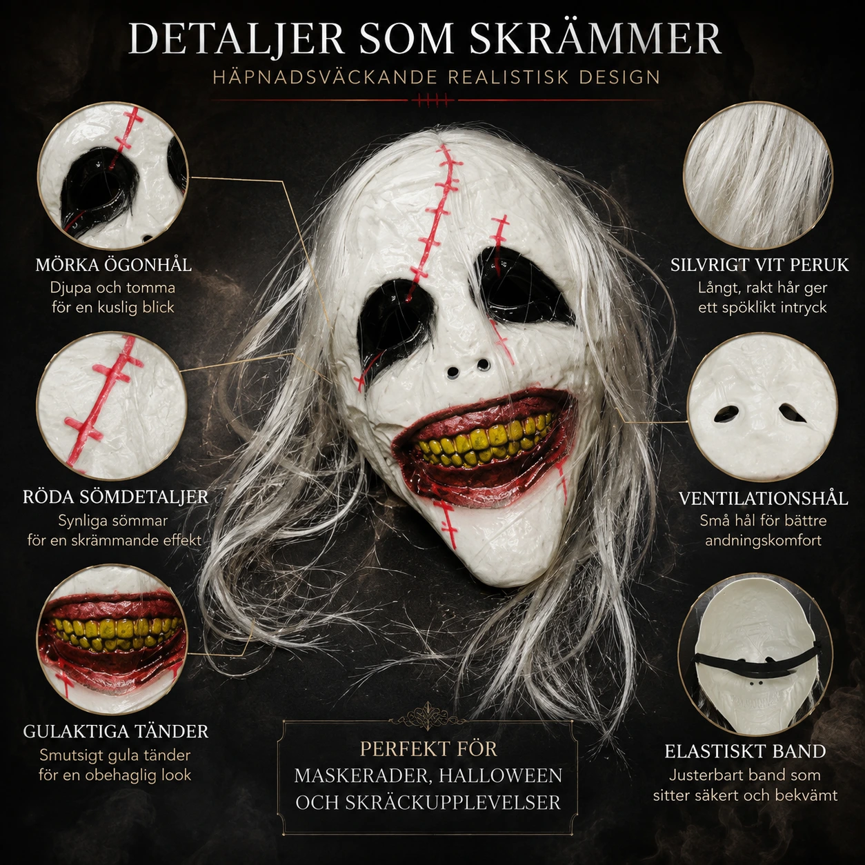 Skräckmask för halloween och cosplay med vit peruk