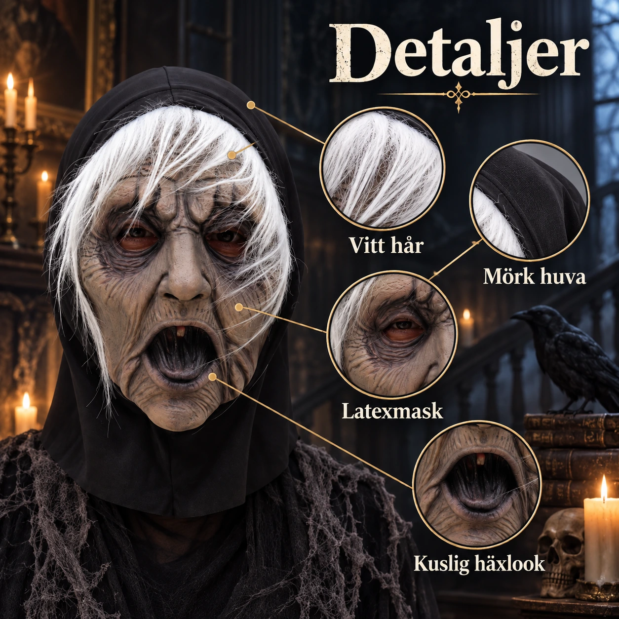Mask häxa i latex med vitt hår