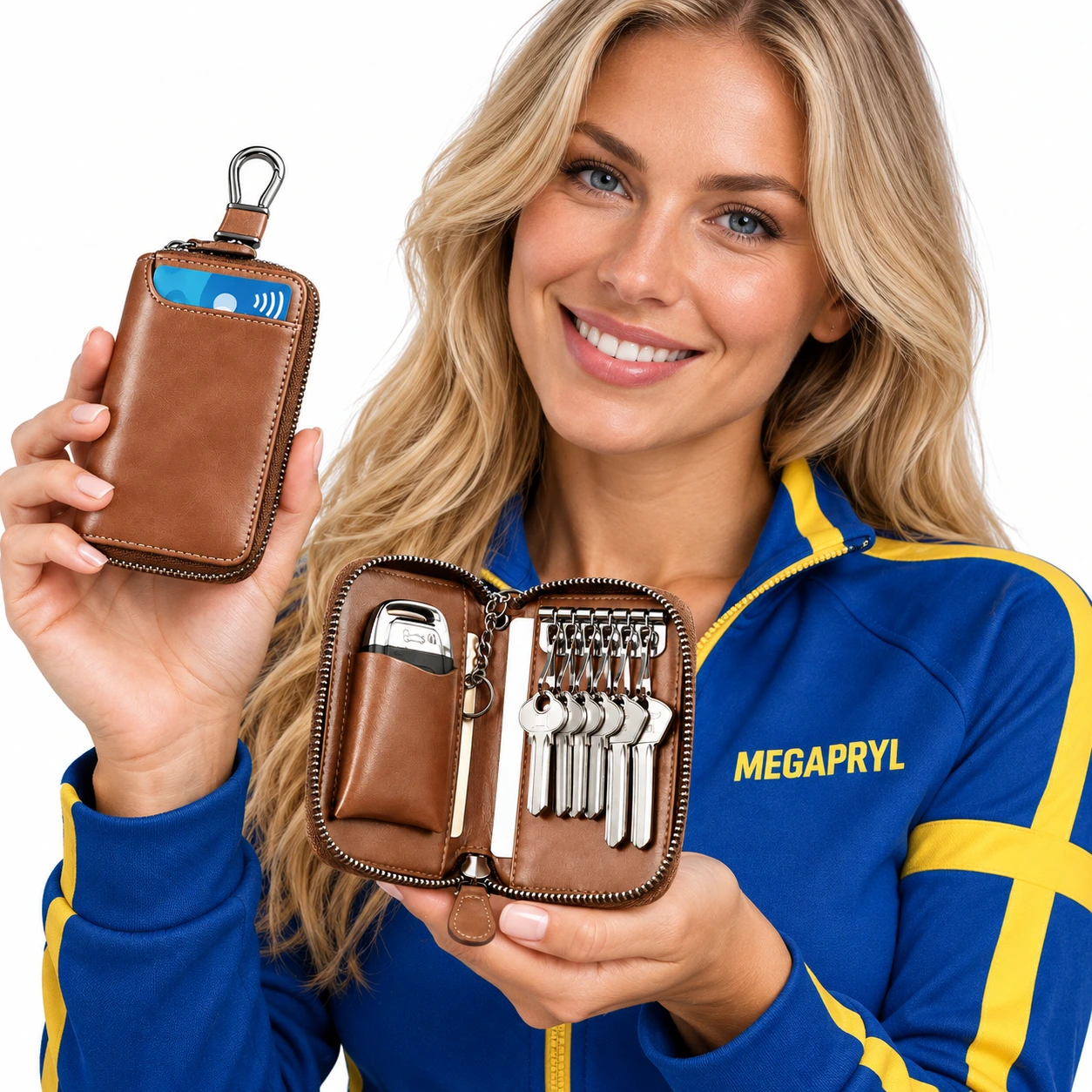 Avainkotelo vetoketjulla ja karabiinihaalla