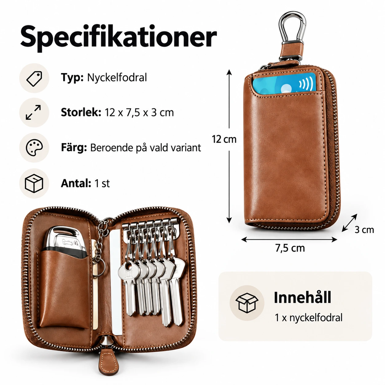 Nyckelfodral med dragkedja och karbinhake