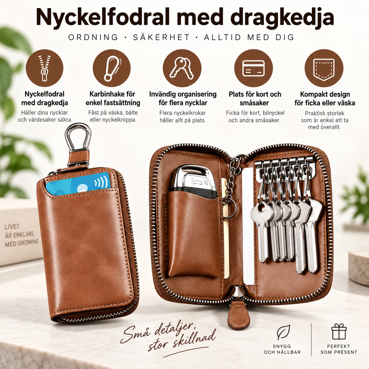 Nyckelfodral med dragkedja och karbinhake