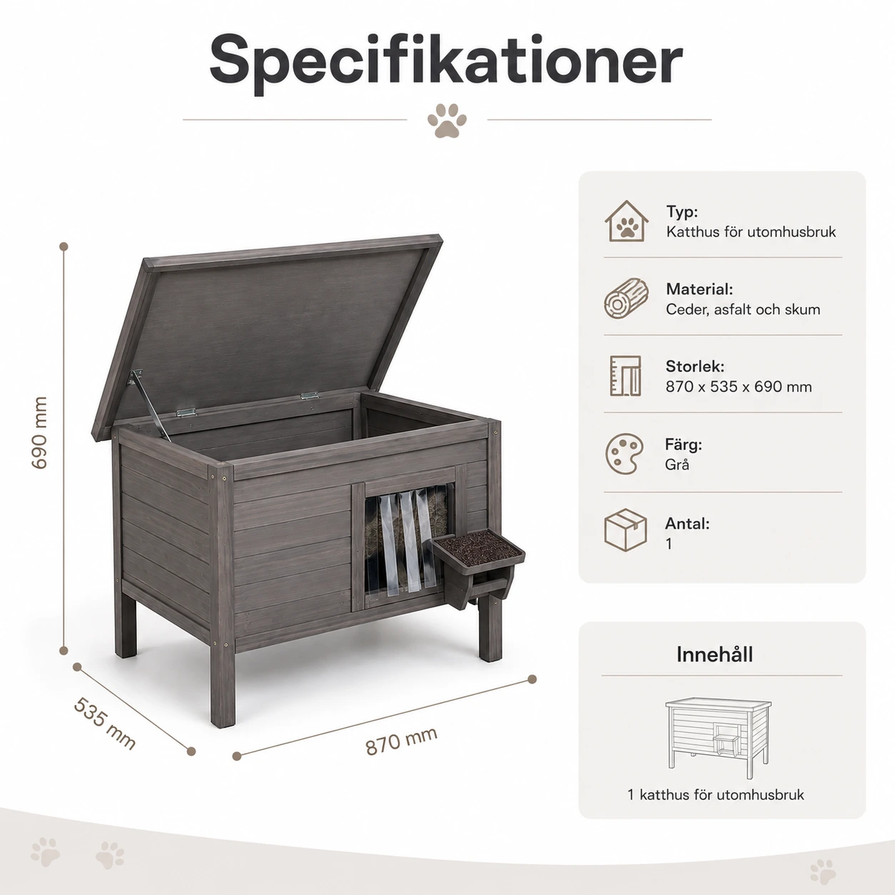 Isolerat katthus för utomhusbruk med öppningsbart tak