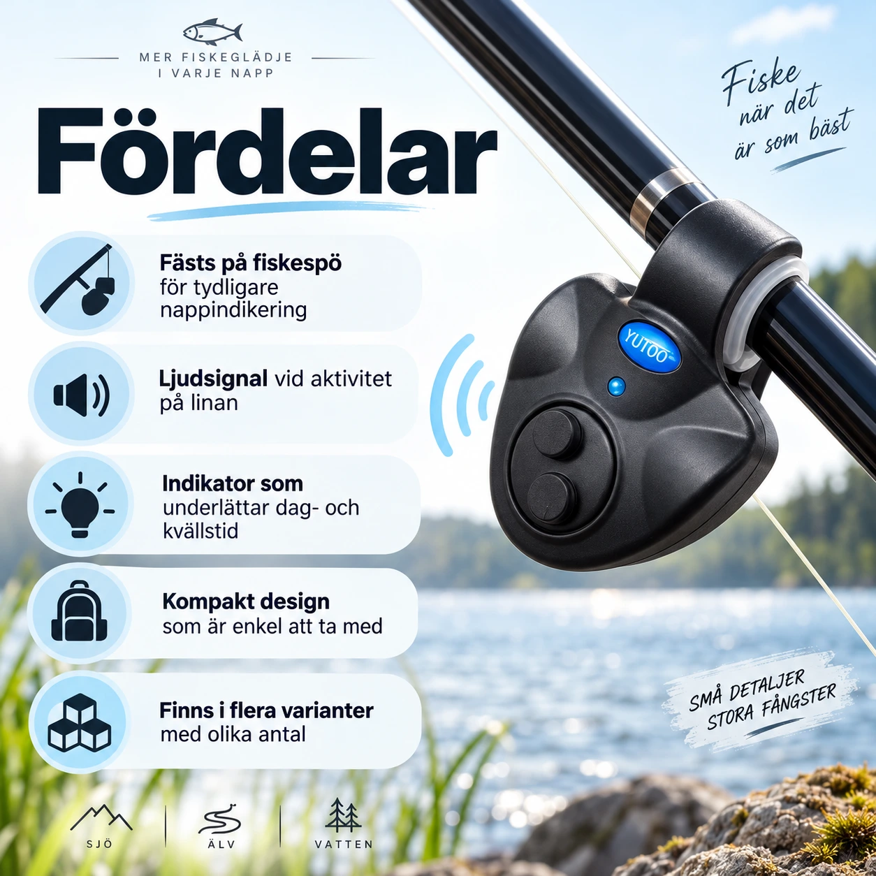 Fiskelarm för fiskespö med ljudsignal och indikator