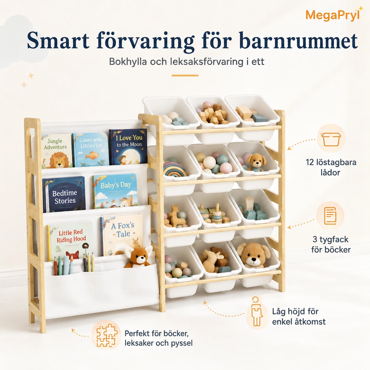 Barnbokhylla och leksaksförvaring med 12 lådor