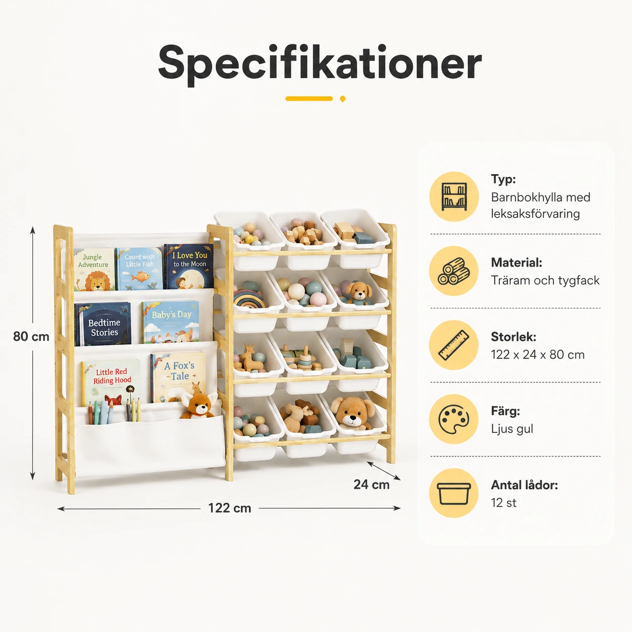 Barnbokhylla och leksaksförvaring med 12 lådor