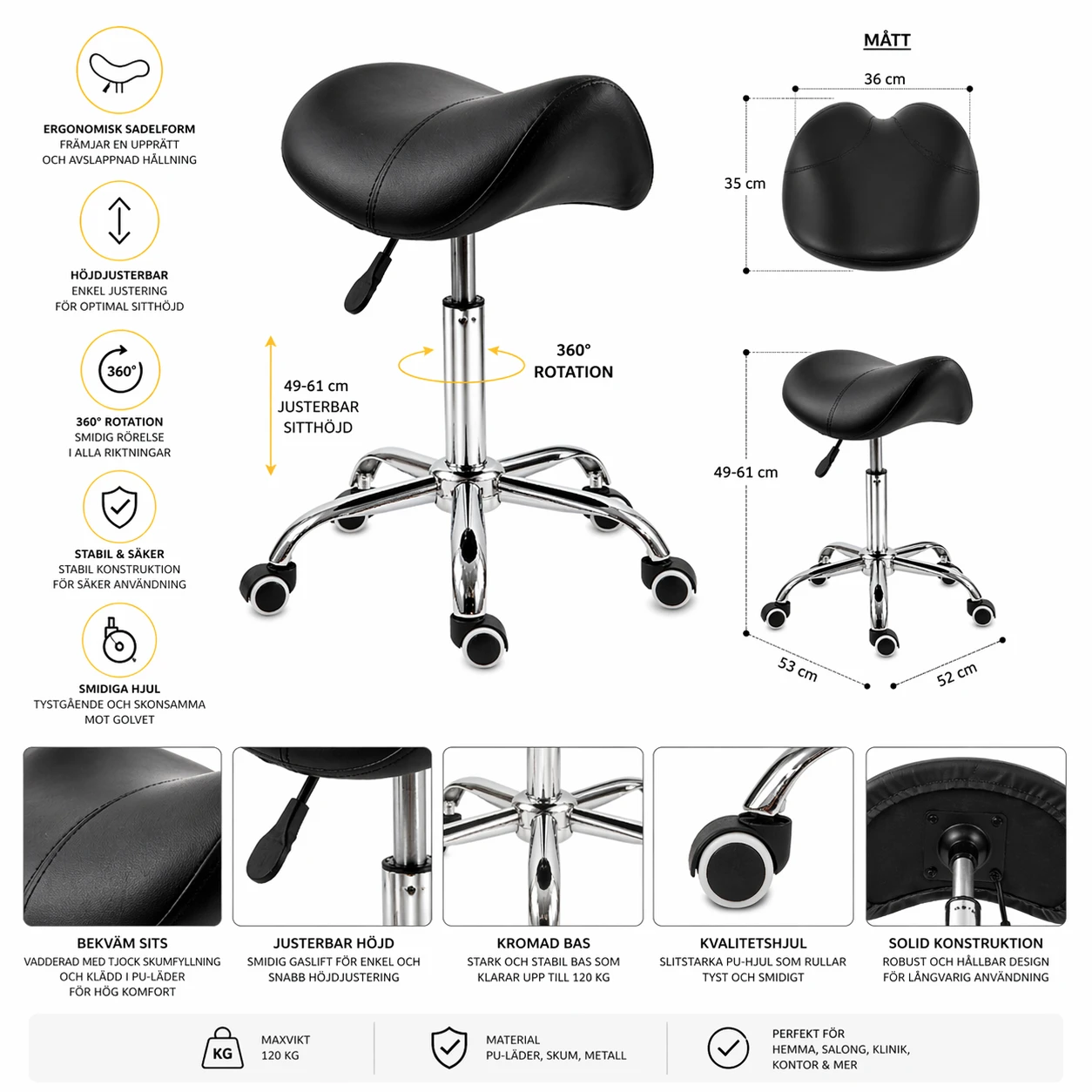 Sadelstol med hjul – Justerbar höjd & 360° rotation