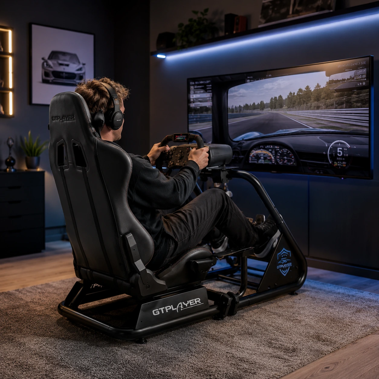 Racing cockpit för ratt och pedaler med stol